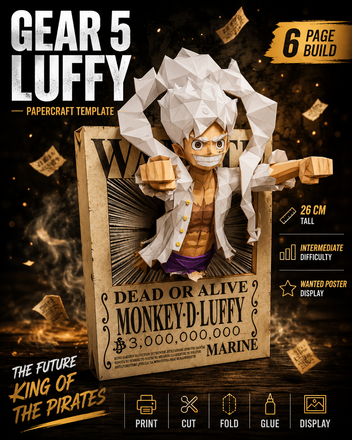 Gear 5 Luffy Wanted Poster Papercraft Template || Guide Included
