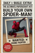 Spider-Man craft kit with templates and assembly guide on a wooden surface.