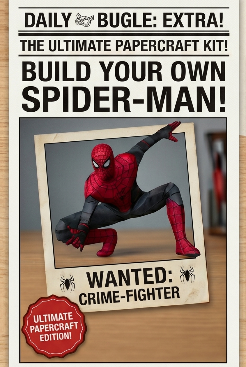 Spider-Man craft kit with templates and assembly guide on a wooden surface.